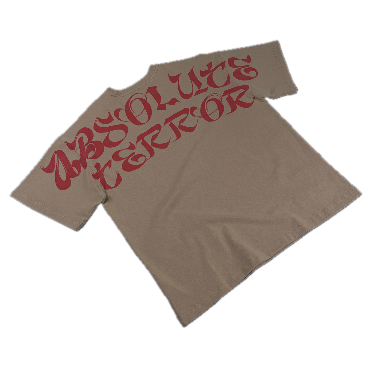 Absolute Arc Tee, sand cotton with red arc print across the shoulders