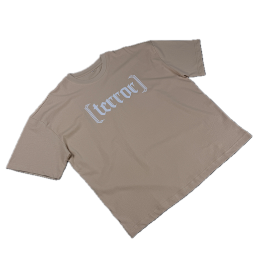 Bracket Tee in oat with white blackletter terror chest print