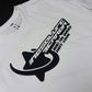 Y2K Tee in white, close-up of the chrome logo print